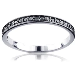 Ultra Thin 10K White Gold Slim Stackable Black Diamond Women's Wedding Band 0.21ct