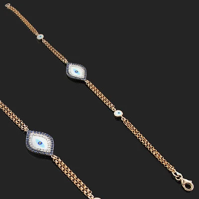 14K Rose Gold Diamond And Blue Sapphire Evil Eye Bracelet .14ct 1 14K Rose Gold Diamond And Blue Sapphire Evil Eye Bracelet .14ct
