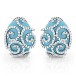 14K White Gold Designer Diamond And Turquoise Earrings 1.10ct