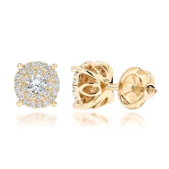 14K Yellow Gold Halo Round Stud Diamond Earrings 0.6ct Clusters