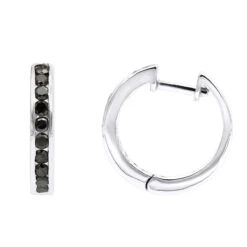 14K White Gold Hoop Huggie Black 0.6 Carat Diamond Earrings For Women