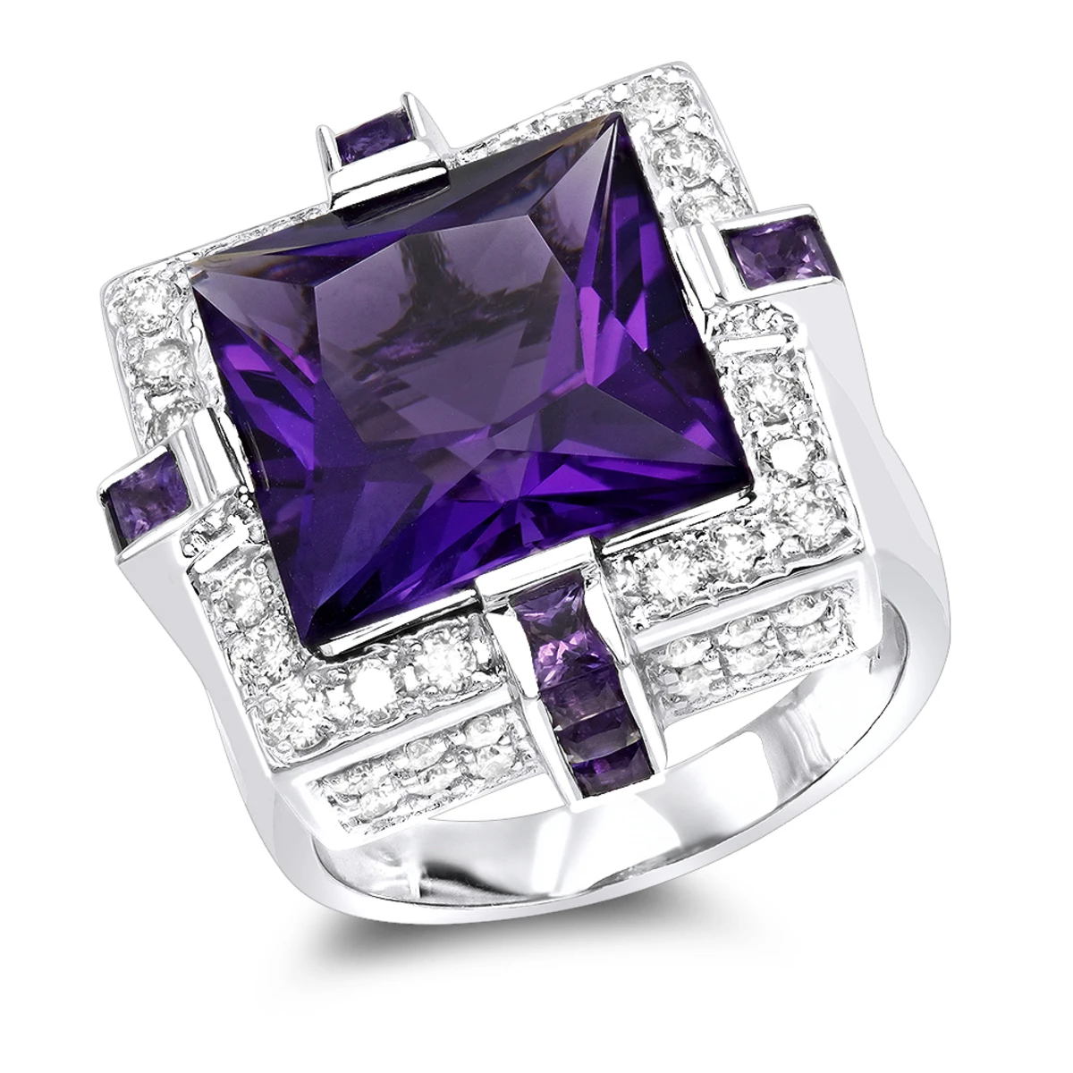 14K White Gold Large Diamond Amethyst Cocktail Ring For Women By Luxurman 14ct 1 14K White Gold Large Diamond Amethyst Cocktail Ring For Women By Luxurman 14ct