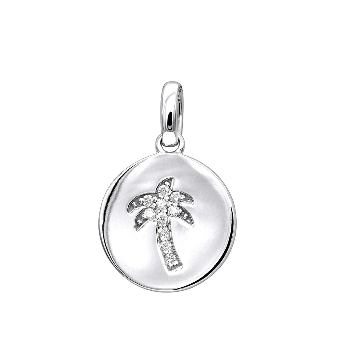 14K White Gold Palm Tree Circle Diamond Pendant 0.1ct Small Charm 1 14K White Gold Palm Tree Circle Diamond Pendant 0.1ct Small Charm
