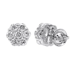 14K White Gold Prong Round Diamond Clusters Earrings 1.2ct Studs