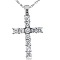 14K White Gold Round Diamond Cross Pendant 1.32ct 11 Diamonds