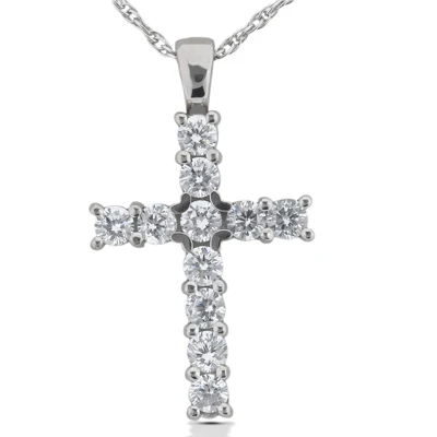 14K White Gold Round Diamond Cross Pendant 1.32ct 11 Diamonds 1 14K White Gold Round Diamond Cross Pendant 1.32ct 11 Diamonds