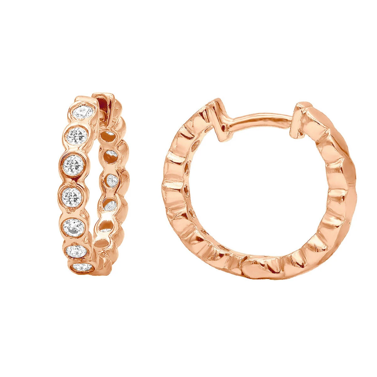 14K Yellow Gold Round Diamond Hoop Huggie Earrings 0.16ct 3 14K Yellow Gold Round Diamond Hoop Huggie Earrings 0.16ct - Image 3