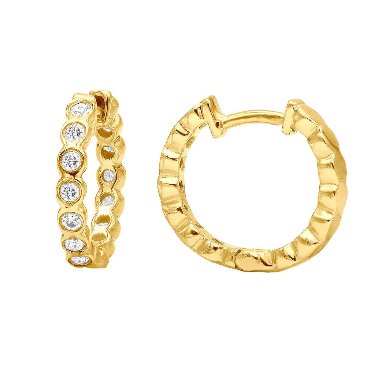 14K Yellow Gold Round Diamond Hoop Huggie Earrings 0.16ct 1 14K Yellow Gold Round Diamond Hoop Huggie Earrings 0.16ct