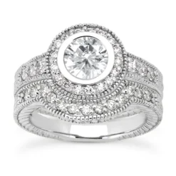 14K White Gold Unique Diamond Engagement Ring Set 0.96ct Band: 3.10mm, Eng.: 3.65mm