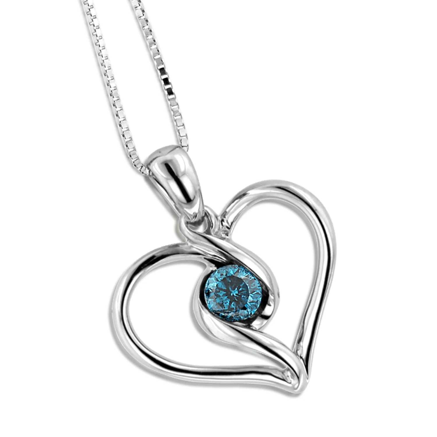 14K White Gold Single Blue Diamond Heart Necklace For Women Pendant 1 14K White Gold Single Blue Diamond Heart Necklace For Women Pendant