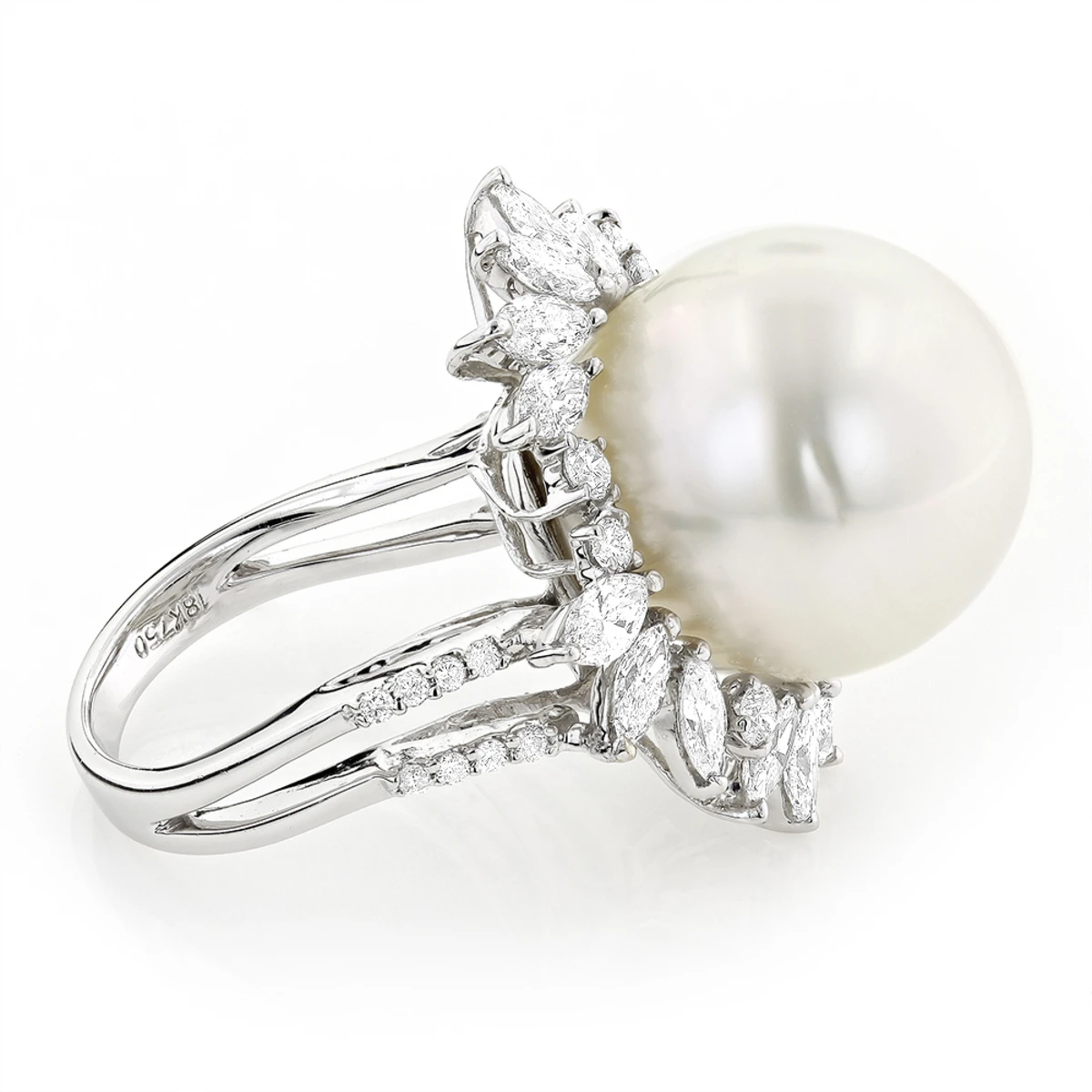 18K White Gold Ladies Pearl & Marquise Diamond Ring For Women 2.92ct 2 18K White Gold Ladies Pearl & Marquise Diamond Ring For Women 2.92ct - Image 2