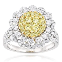 2 Carat 14K White Gold White And Yellow Diamonds Flower Ladies Ring By Luxurman