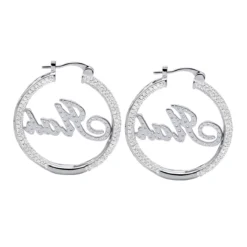 Custom Inside Out Diamond Hoop Earrings With Initials Nameplate 14K Yellow Gold -The King Of Accessories custom inside out diamond hoop earrings with initials nameplate 14k gold 100657 back white