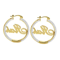 Custom Inside Out Diamond Hoop Earrings With Initials Nameplate 14K Yellow Gold -The King Of Accessories custom inside out diamond hoop earrings with initials nameplate 14k gold 100657 back yellow