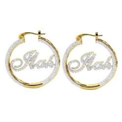 Custom Inside Out Diamond Hoop Earrings With Initials Nameplate 14K Yellow Gold