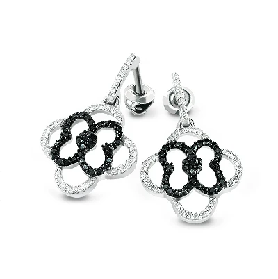 Dangling Flower Earrings With Black And White Diamonds 0.53ct 14K White Gold 1 Dangling Flower Earrings With Black And White Diamonds 0.53ct 14K White Gold