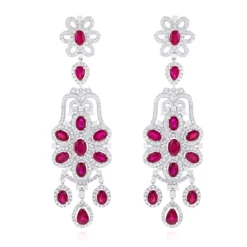 14K White Gold Designer Chandelier Ruby Diamond Earrings By Luxurman