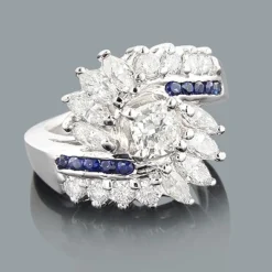 Unique 2ct Diamond And Sapphire 14K White Gold Engagement Ring