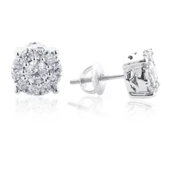 Diamond Cluster Stud Earrings 14K White Gold 1.38ct