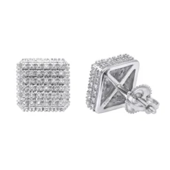 Pave Diamond Stud Earrings Under 300 - 10K White Gold Square Studs 0.33ct