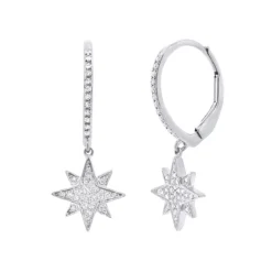 Drop Earrings Solid 14K White Gold Genuine Diamond Star Earrings Dangles For Women