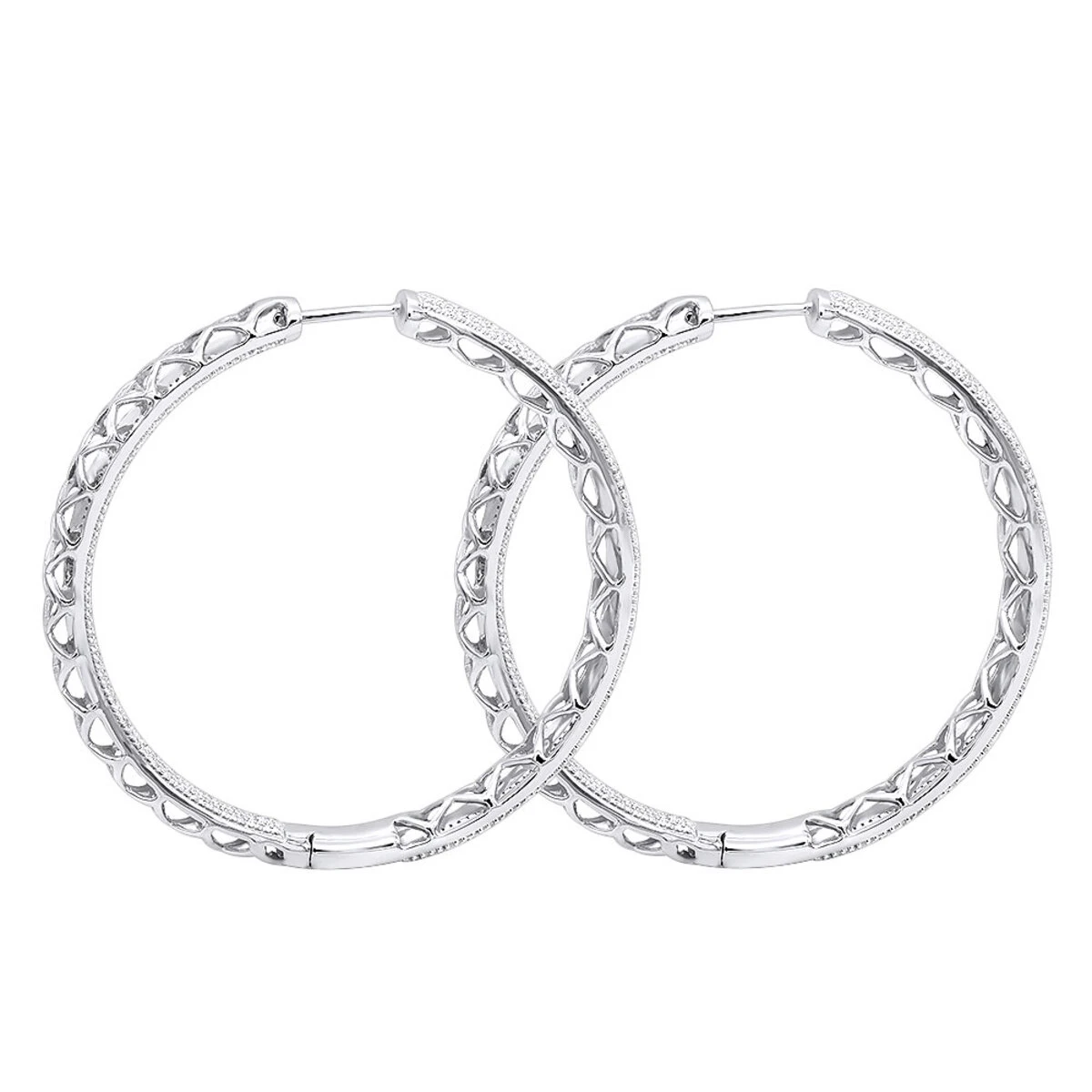14K White Gold Large Diamond Hoop Earrings 3.5ct Inside Out Pave Setting 4 14K White Gold Large Diamond Hoop Earrings 3.5ct Inside Out Pave Setting - Image 4