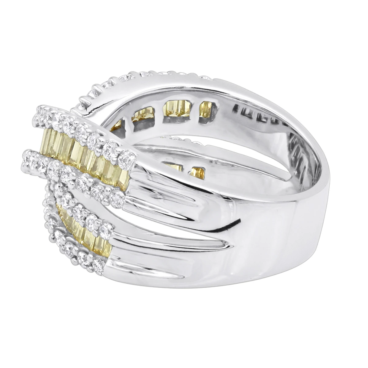 14K White Gold White Yellow Diamond Statement Criss Cross Ring For Women 2 Carats 4 14K White Gold White Yellow Diamond Statement Criss Cross Ring For Women 2 Carats - Image 4