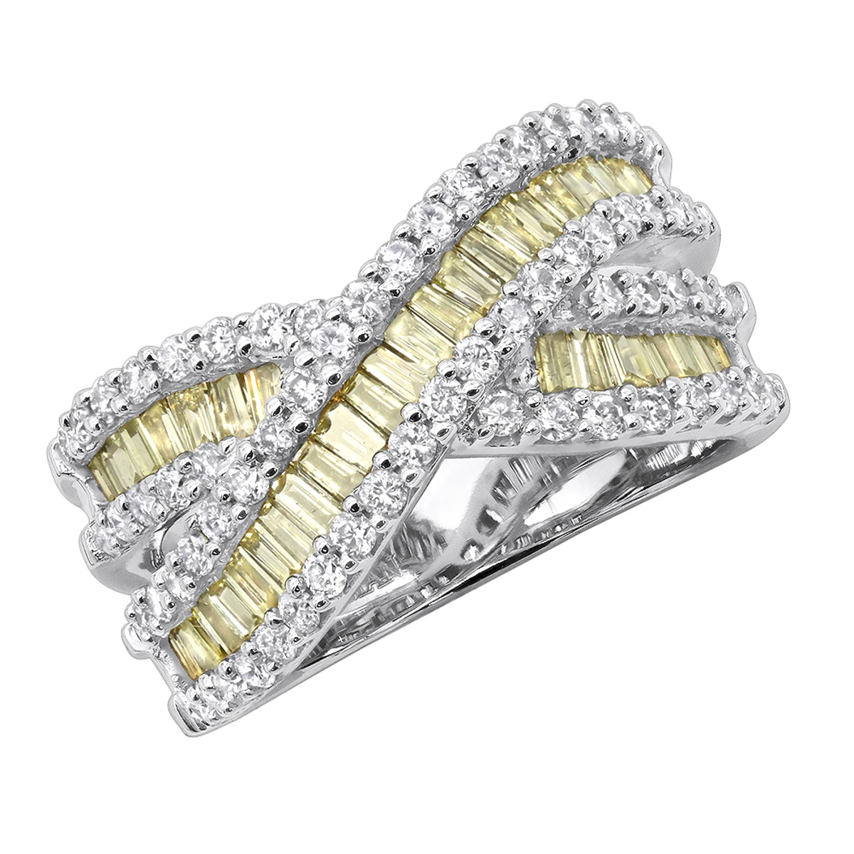 14K White Gold White Yellow Diamond Statement Criss Cross Ring For Women 2 Carats 1 14K White Gold White Yellow Diamond Statement Criss Cross Ring For Women 2 Carats