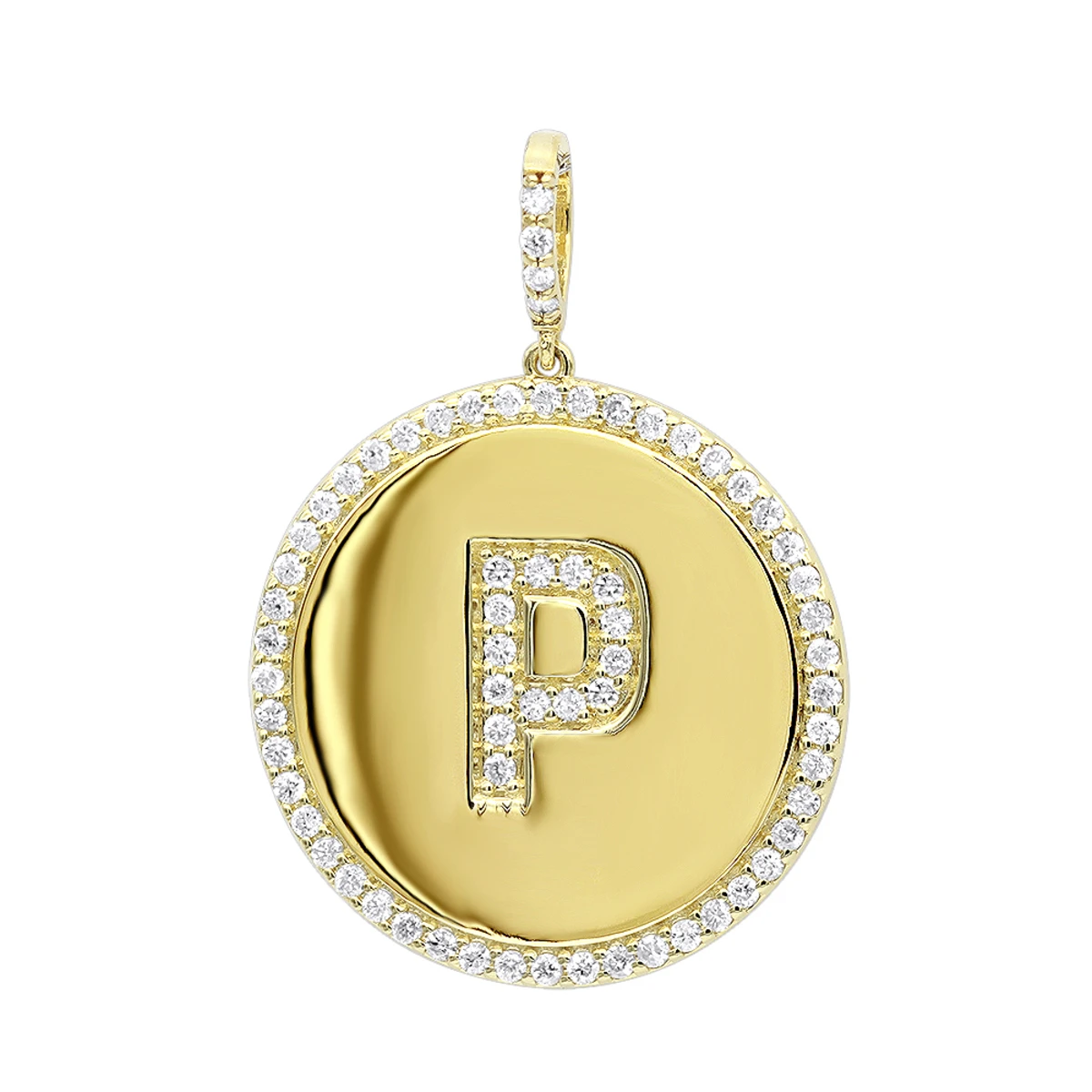 Customizable 14K Yellow Gold Diamond Circle Alphabet Pendant For Women 0.7ct Medallion 1 Customizable 14K Yellow Gold Diamond Circle Alphabet Pendant For Women 0.7ct Medallion