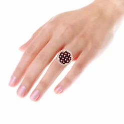 Unique Halo Circle Diamond Right Hand Ring For Women With Rubies 14K Rose Gold -The King Of Accessories jewelry halo circle diamond right hand ring for woman with ruby 14k gold 26213 bodro