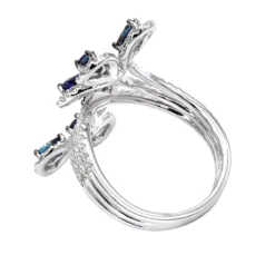 Pear Cut Sapphire And Diamond Flower Bloom Cocktail Ring For Women 14K White Gold -The King Of Accessories jewelry pear cut sapphire and diamond flower bloom cocktail ring for women 14k gold backwh 1