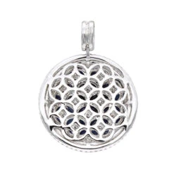 Royal Halo Round Shape Diamond Pendant For Women With Sapphires 14K White Gold -The King Of Accessories jewelry royal halo round shape diamond pendant for women with sapphires 14k gold backwh 1