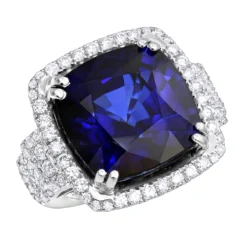 Unique 29.33 Carat Radiant Blue Sapphire & Diamond Ring For Women 18K White Gold