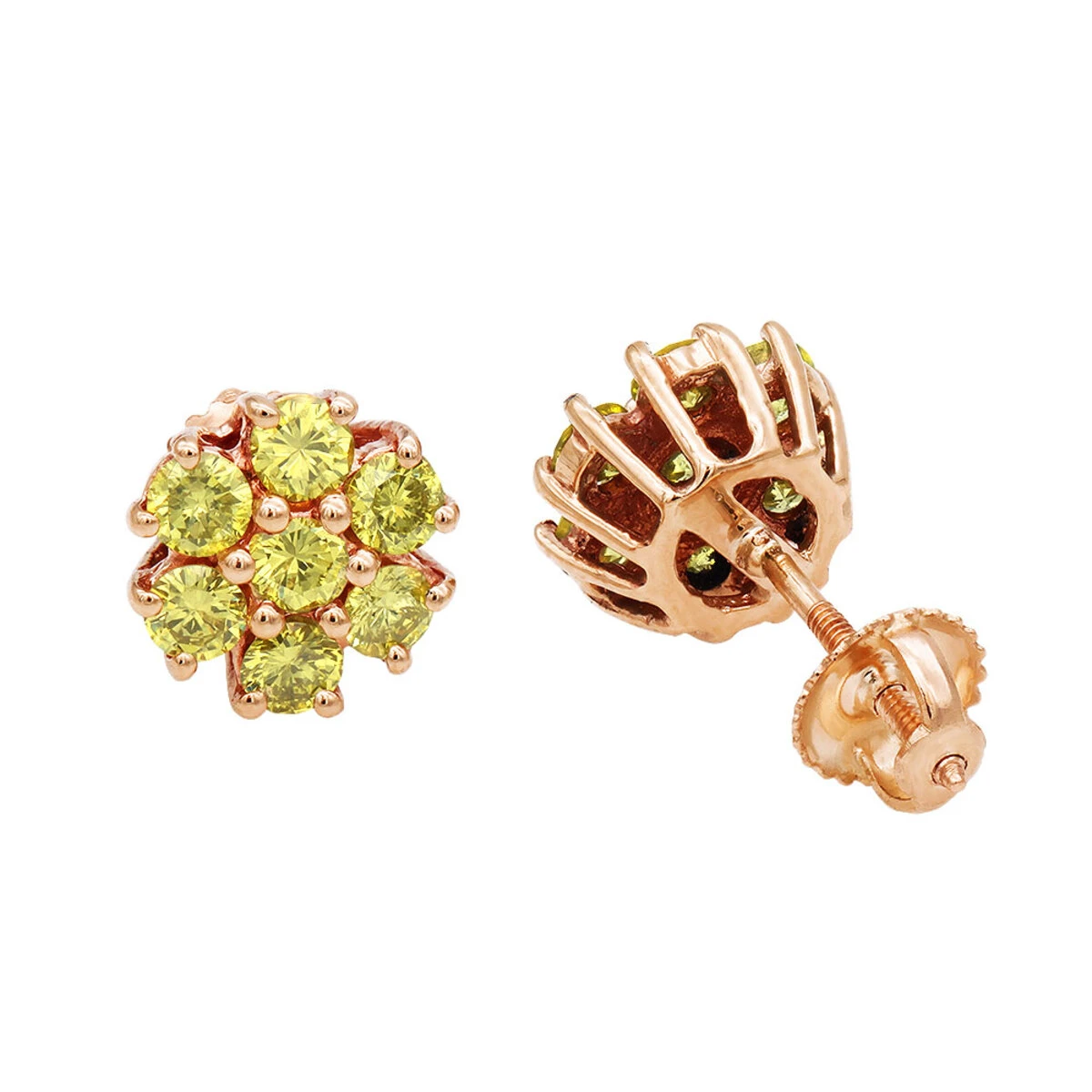 Women's Or Men's 1.5 Carat Yellow Diamonds Cluster Stud Earrings 14K Yellow Gold 3 Women's Or Men's 1.5 Carat Yellow Diamonds Cluster Stud Earrings 14K Yellow Gold - Image 3