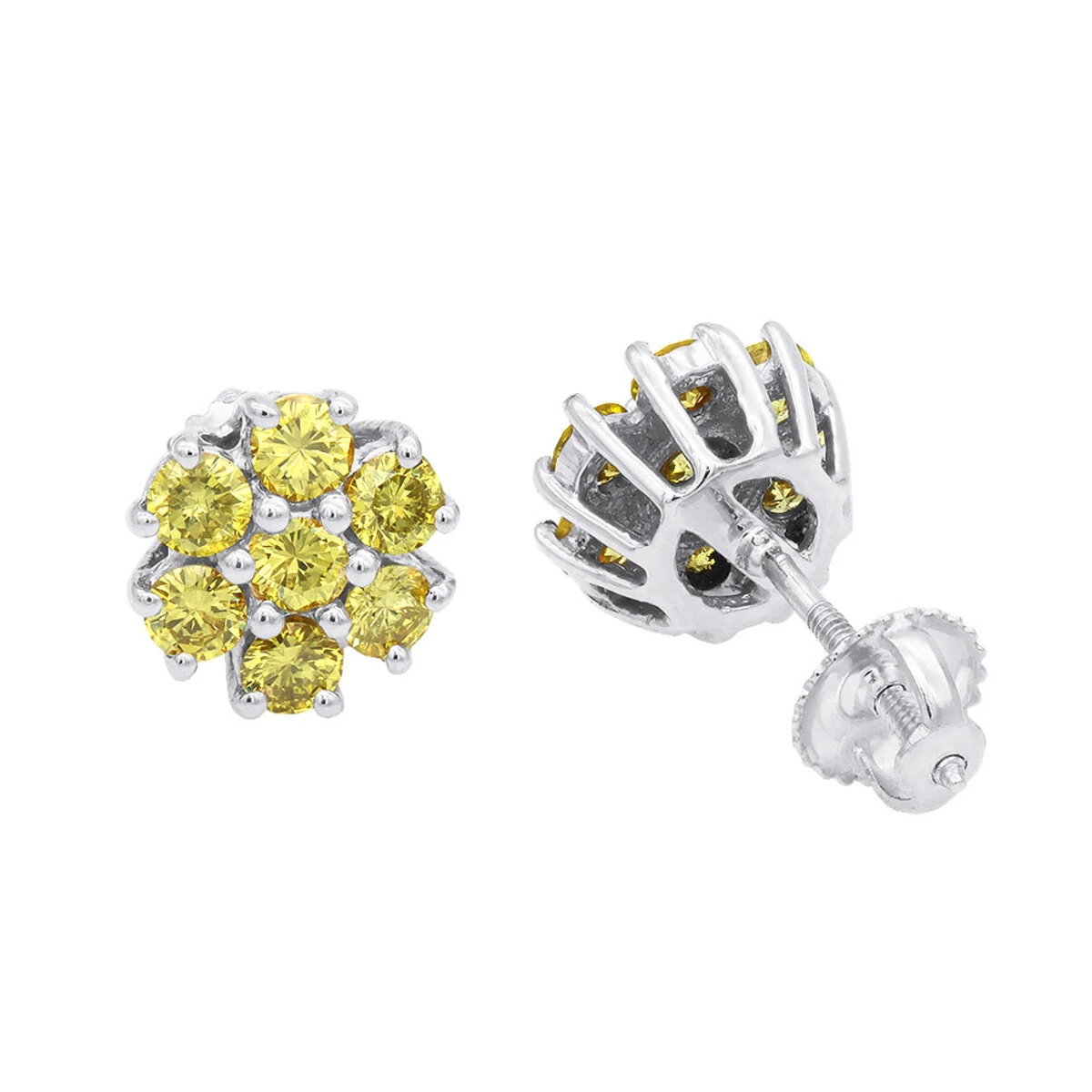 Women's Or Men's 1.5 Carat Yellow Diamonds Cluster Stud Earrings 14K Yellow Gold 2 Women's Or Men's 1.5 Carat Yellow Diamonds Cluster Stud Earrings 14K Yellow Gold - Image 2