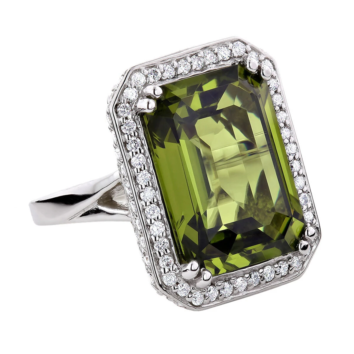 Ladies 14K White Gold Peridot Quartz Gemstone Diamond Cocktail Ring 1.75ct 1 Ladies 14K White Gold Peridot Quartz Gemstone Diamond Cocktail Ring 1.75ct