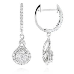 Ladies Diamond Drop Earrings By Luxurman 14K White Gold 1.1ct Drop Shape Clusters