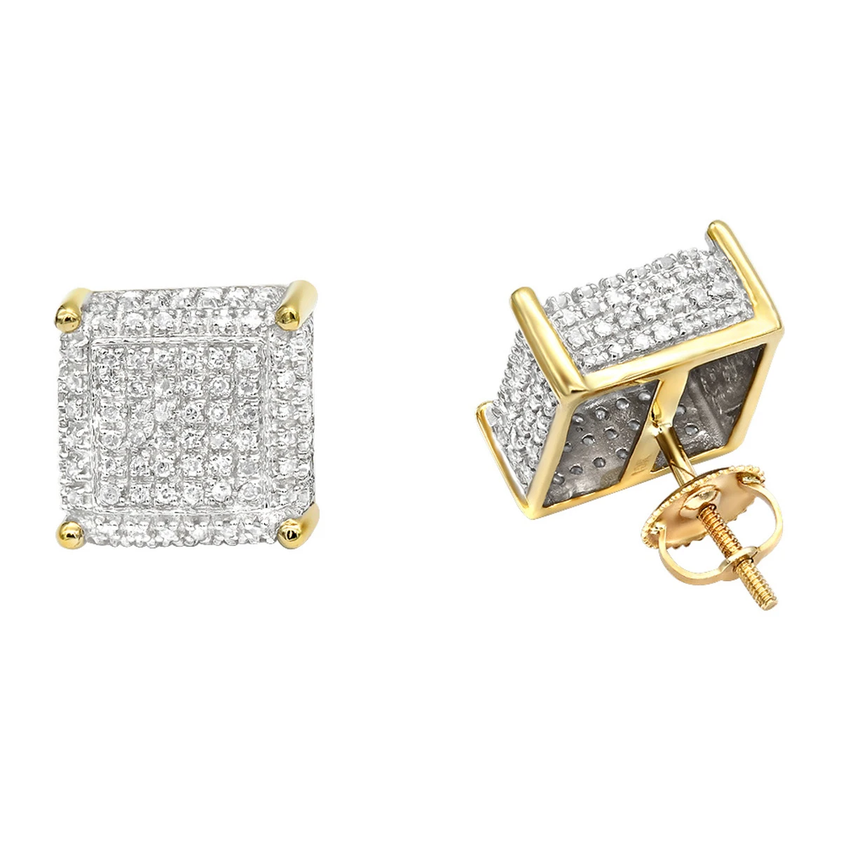 1 Carat Pave Diamond Stud Earrings 10K Yellow Gold Cube Shape 1 1 Carat Pave Diamond Stud Earrings 10K Yellow Gold Cube Shape