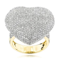 Pave Puffed Diamond Heart Ring 2.5ct 14K Yellow Gold