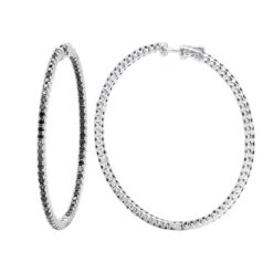 The King Of Accessories 14 Real 3 Carat Black Diamond 2 Inch Hoop Earrings Inside Out Design 14K White Gold