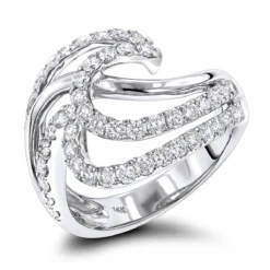 Gold Diamond Wave Right Hand Ring For Women 1.5ct 14K White Gold