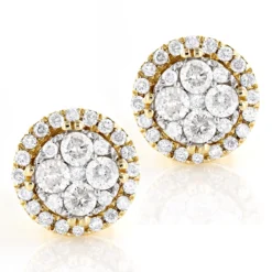 5 Carat Look Round Diamond Cluster Earrings 14K Yellow Gold Studs 1 Ct Halo Design