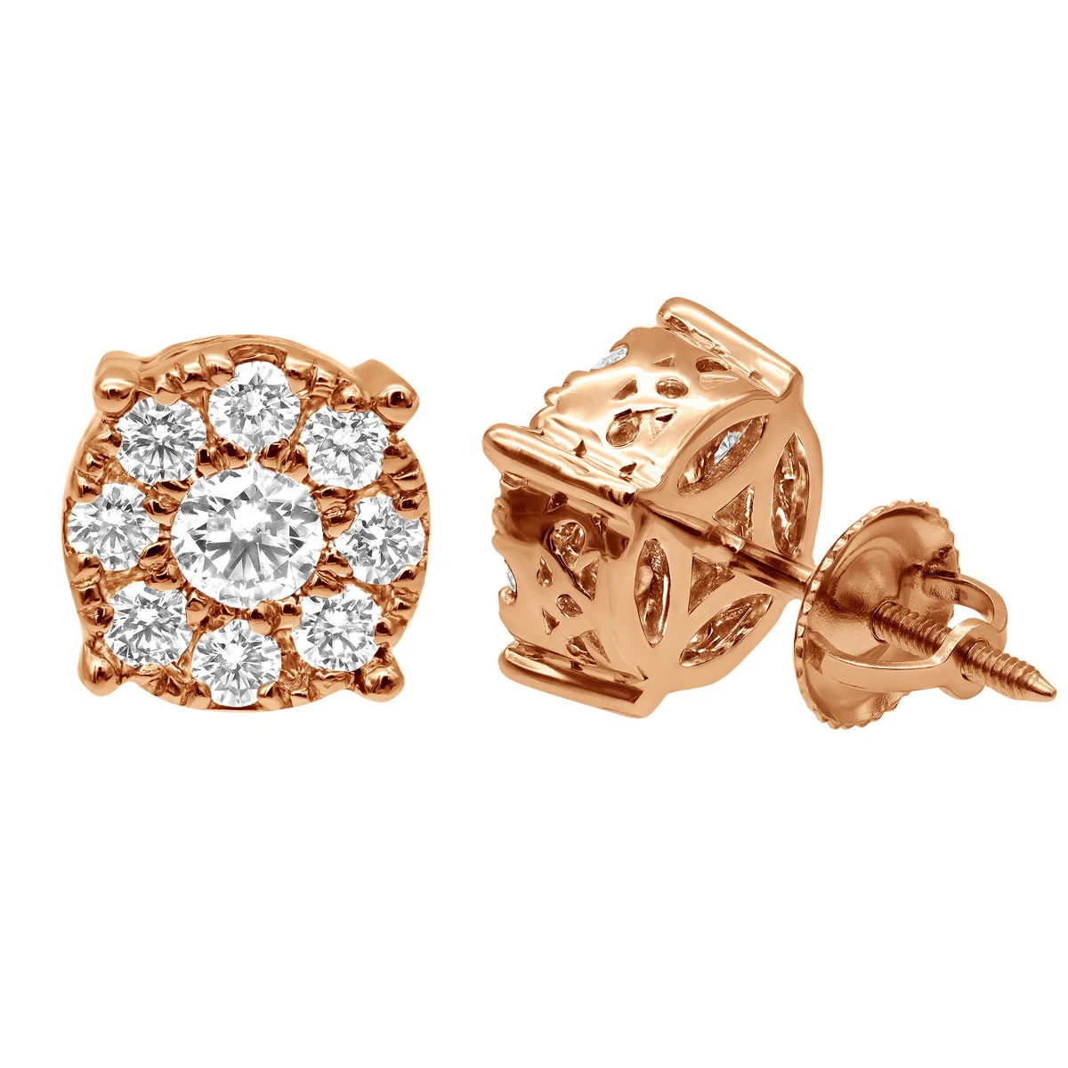 Round Diamond Cluster Stud Earrings 1.61ct 14K Rose Gold 1 Round Diamond Cluster Stud Earrings 1.61ct 14K Rose Gold