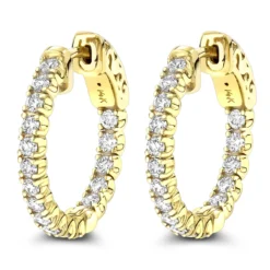 Small Hoops 14K Yellow Gold Inside Out Diamond Hoop Earrings 1 Carat 3/4in