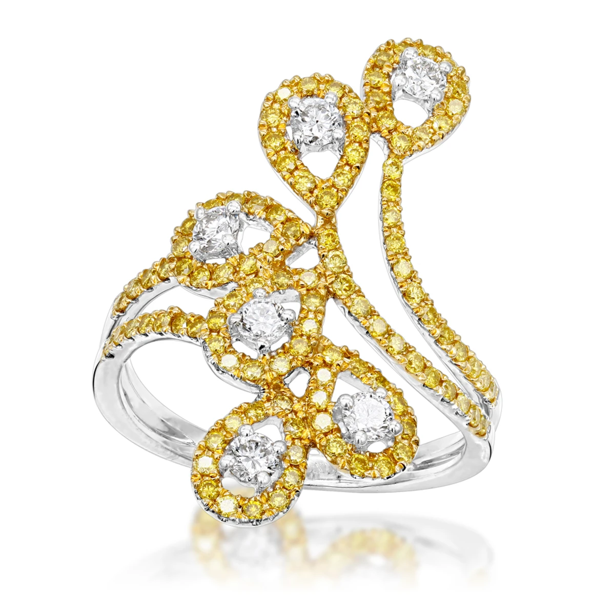 Unique 14K White Gold White Yellow Diamond Floral Ring For Women By Luxurman 1ct 1 Unique 14K White Gold White Yellow Diamond Floral Ring For Women By Luxurman 1ct