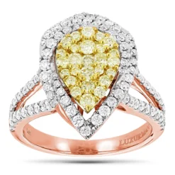 Unique 14K White Gold White Yellow Diamond Pear Shape Cluster Ring For Women 1.5c -The King Of Accessories unique 14k gold white yellow diamond pear shape cluster ring for women 15c ro