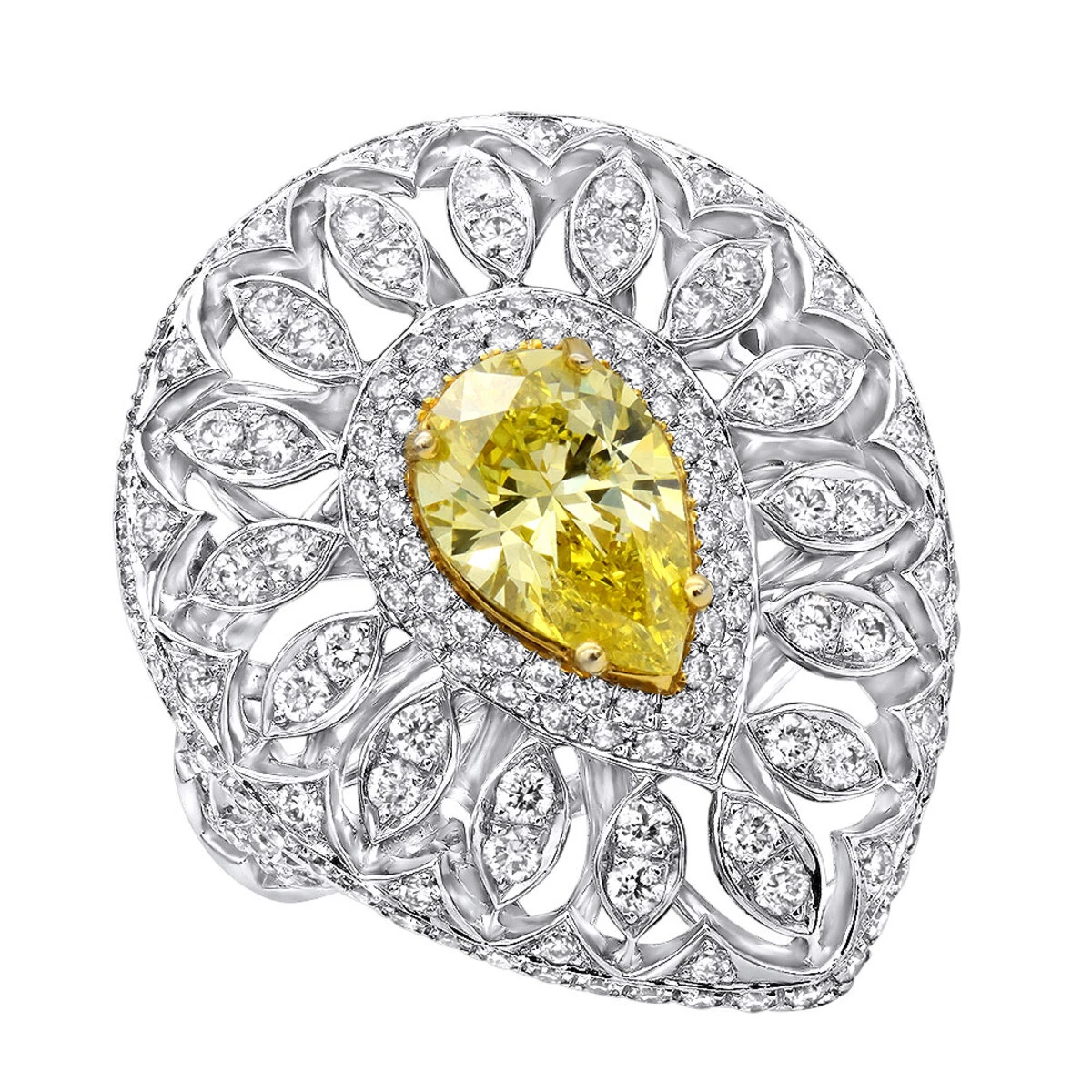 Unique 18K White Gold White & Pear Yellow Diamond Cocktail Ring For Women 1 Unique 18K White Gold White & Pear Yellow Diamond Cocktail Ring For Women
