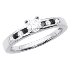 White And Black Diamond Engagement Ring 0.74ct 14K White Gold