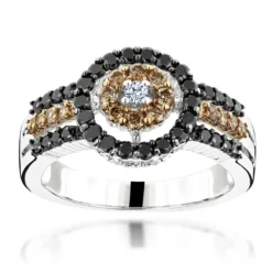 14K White Gold Women's White Brown Black Diamond Ring 0.94ct