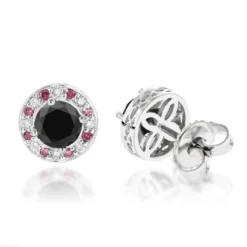 White Pink And Black Diamond Stud Earrings 2.2ct 14K White Gold